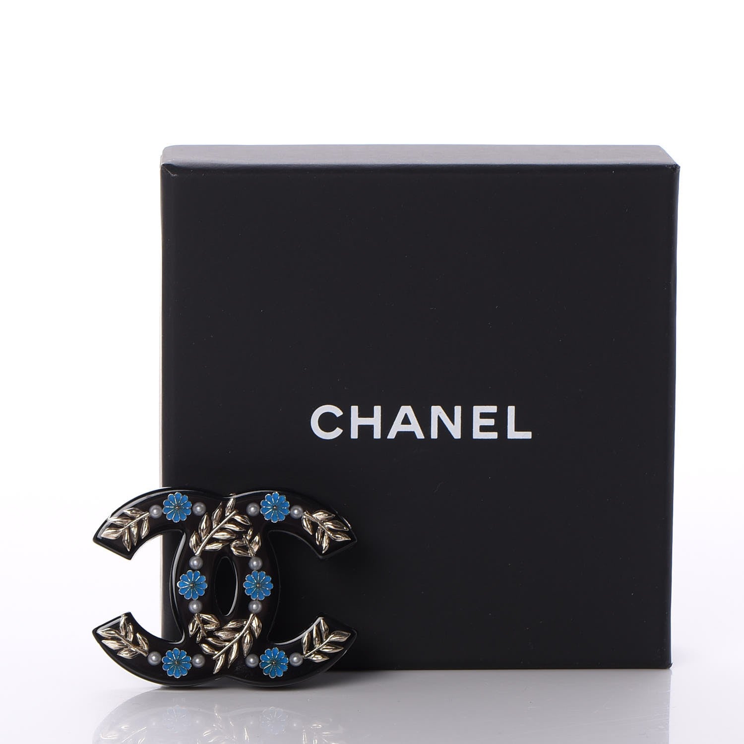 Chanel Resin Pearl Enamel Flower CC Brooch Black Blue Gold 5 of 5