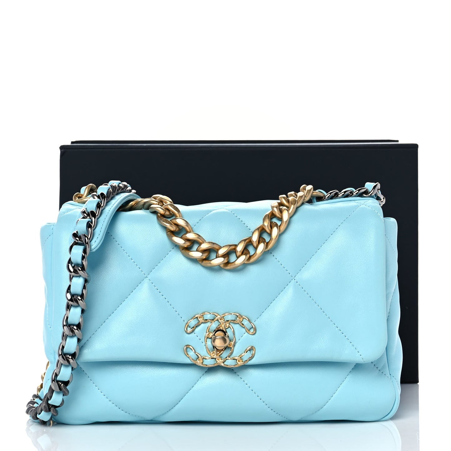 Shiny Lambskin Quilted Medium Chanel 19 Flap Light Blue