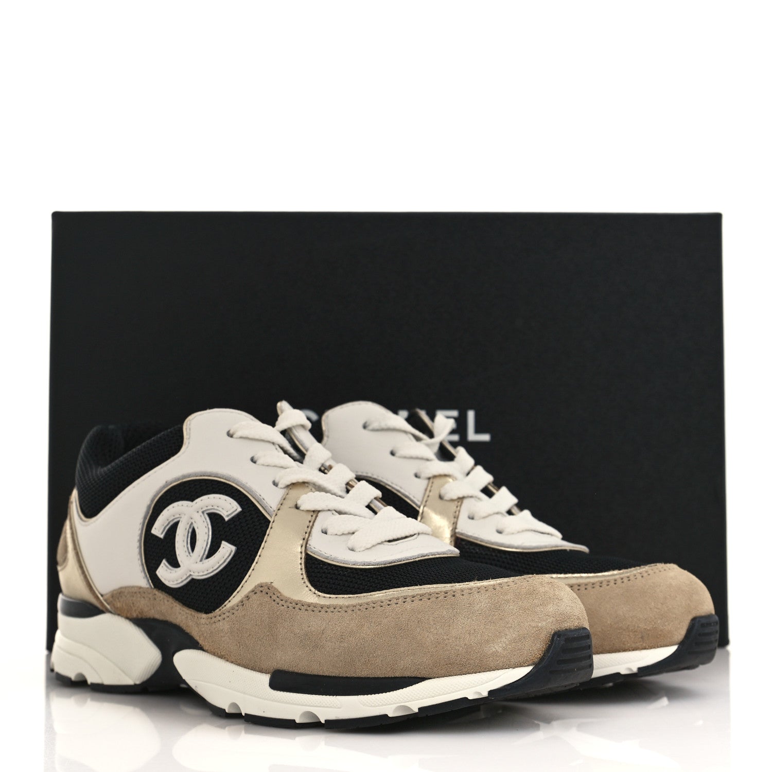 Chanel Mesh Suede Calfskin Womens CC Sneakers 38.5 White Black Beige Gold 9 of 9