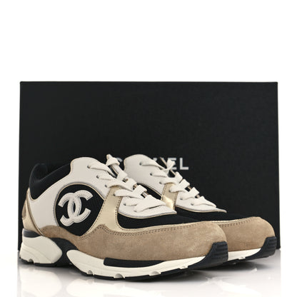 Chanel Mesh Suede Calfskin Womens CC Sneakers 38.5 White Black Beige Gold 9 of 9