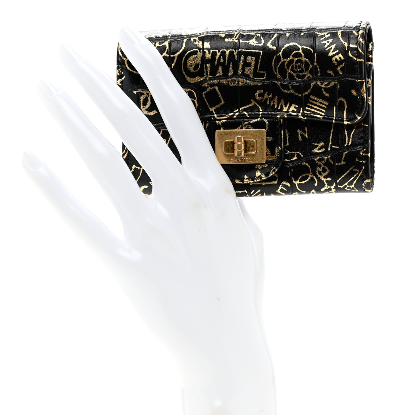 Calfskin Crocodile Embossed Graffiti 2.55 Cocodile Reissue Flap Card Holder Black Gold