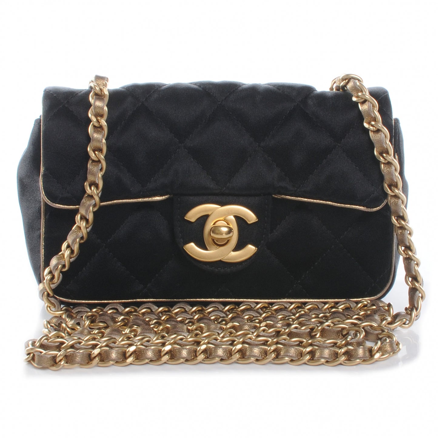 Satin Quilted Extra Mini Flap Black Gold