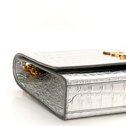 Saint Laurent Calfskin Crocodile Embossed Monogram Chain Wallet Argento 8 of 11