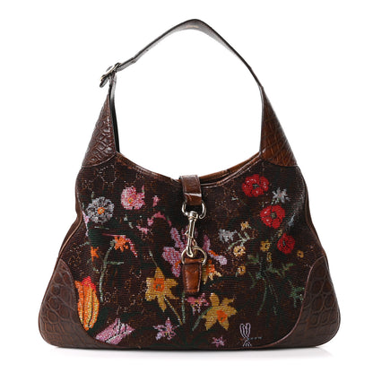 Gucci Crocodile Suede Beaded Floral Jackie Hobo Bag Brown 1 of 10