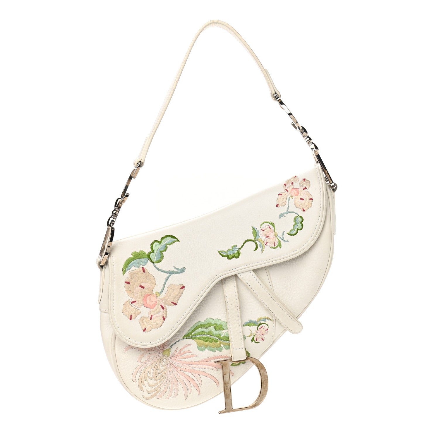 Christian Dior Calfskin Embroidered Romantic Flowers Saddle Bag White 1 of 16