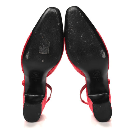 Chanel Tweed Patent Cap Toe CC Slingback Pumps 41 Red Black 6 of 10