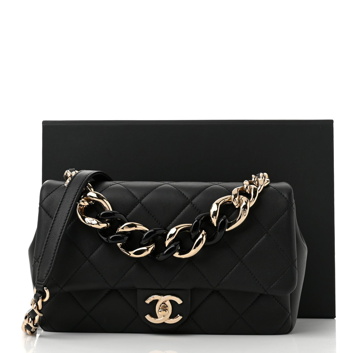 Lambskin Quilted Resin Bi-Color Chain Flap Bag Black