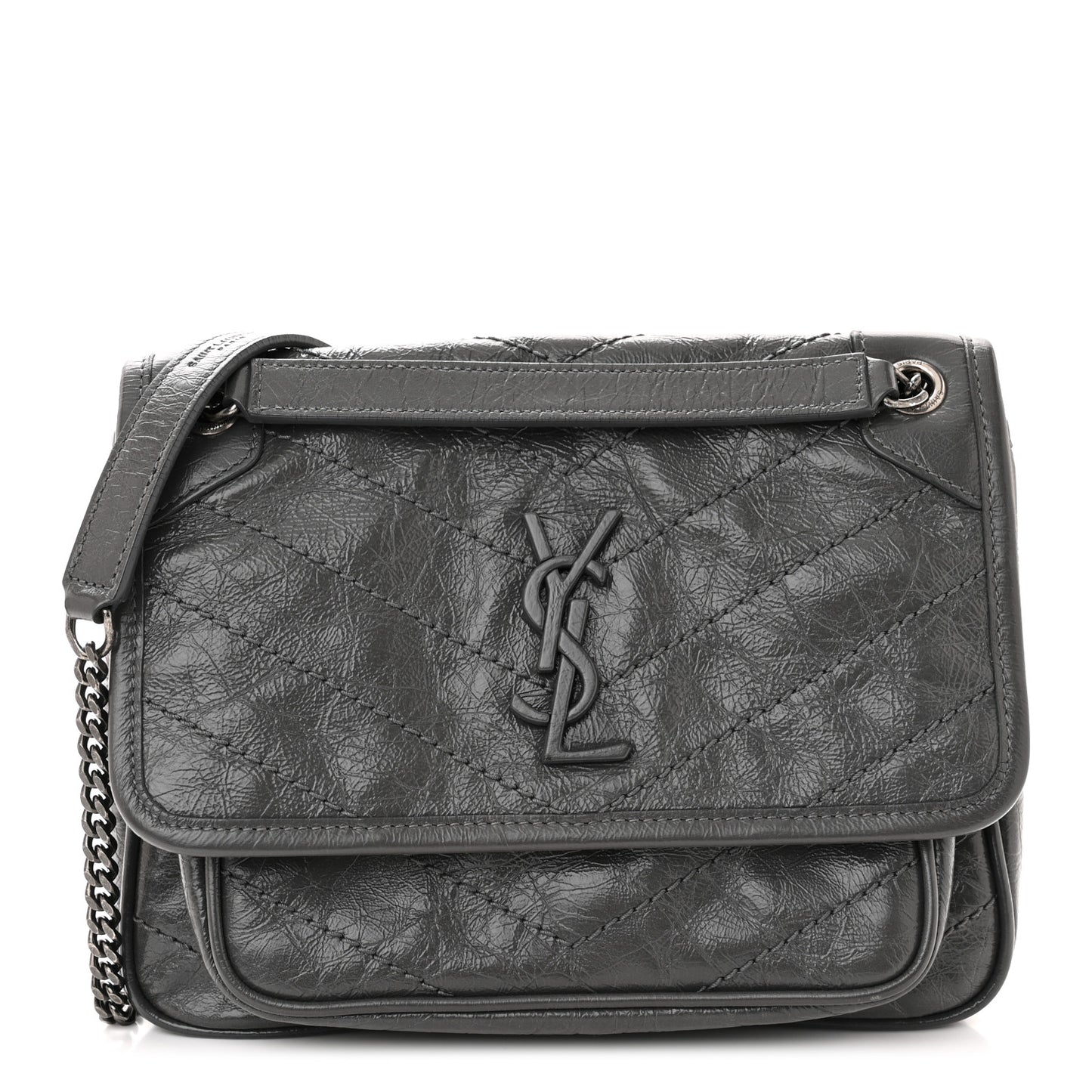 Crinkled Calfskin Matelasse Monogram Baby Niki Chain Satchel Storm