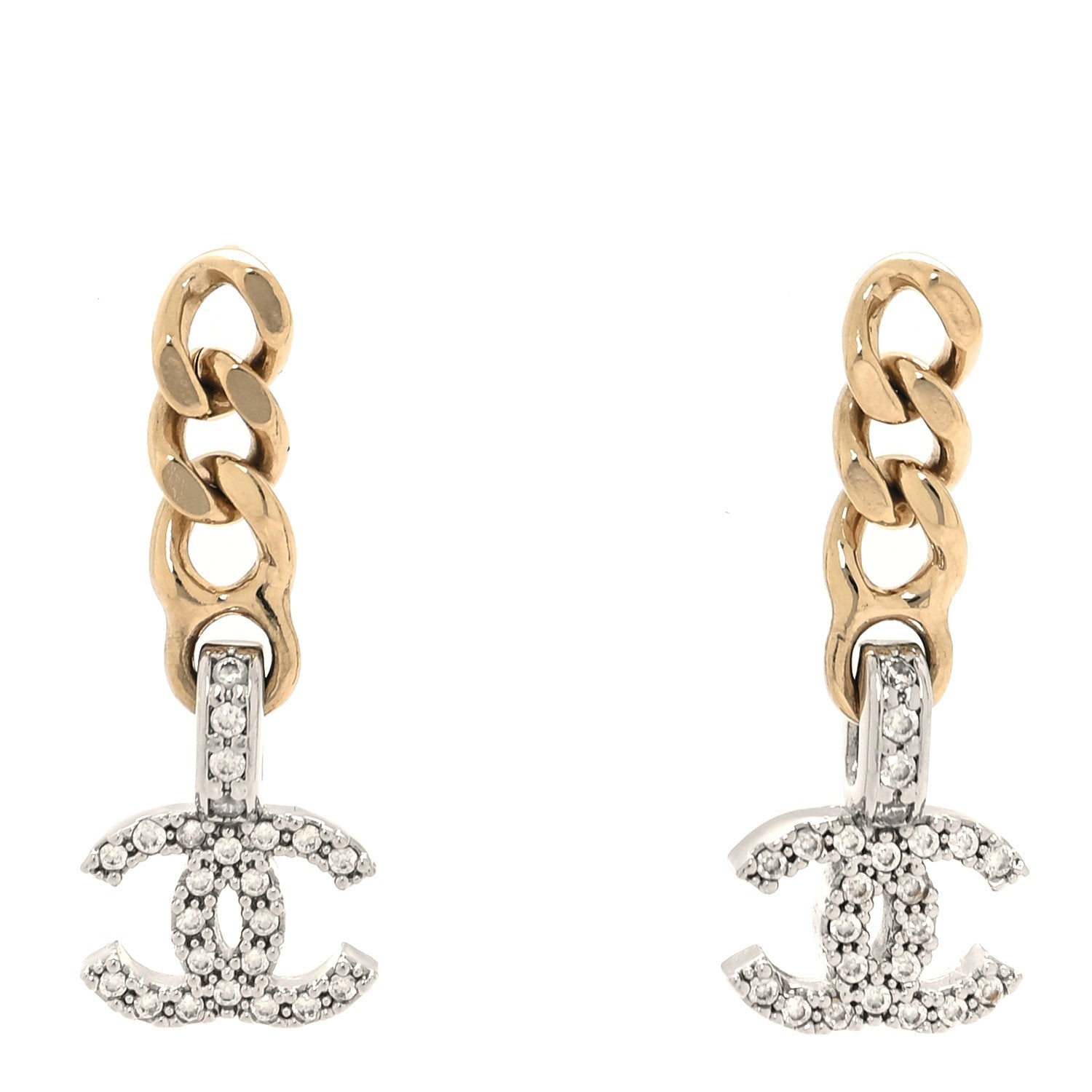 Chanel Metal Crystal CC Chain Drop Earrings Gold 1 of 4