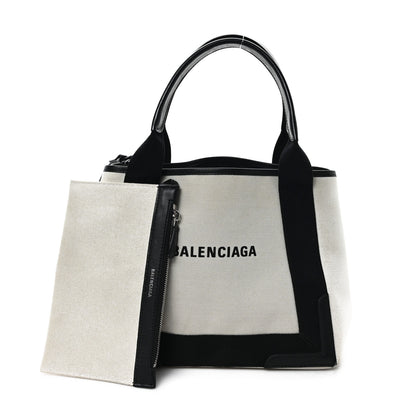 Balenciaga Cotton Canvas Satin Calfskin S Navy Cabas Natural Black 2 of 11