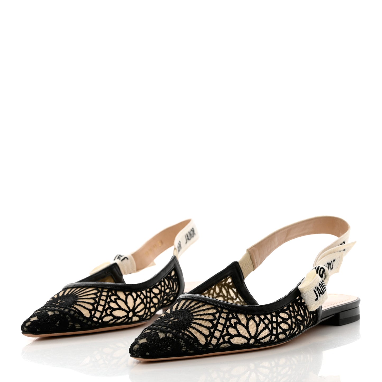 Fabric Ribbon Lace Embroidered J'Adior Slingback Flats 38 Black