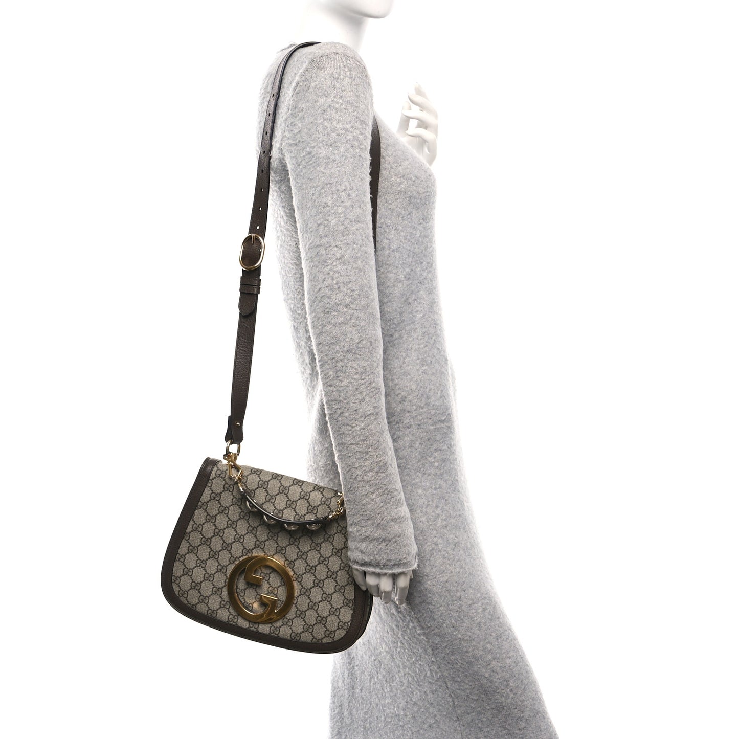GG Supreme Monogram Textured Dollar Calfskin Web Medium Blondie Top Handle Shoulder Flap Bag Beige Ebony New Acero