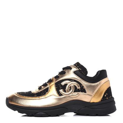Chanel Satin Lambskin Fabric Tweed CC Sneakers 39 Gold Black 1 of 9