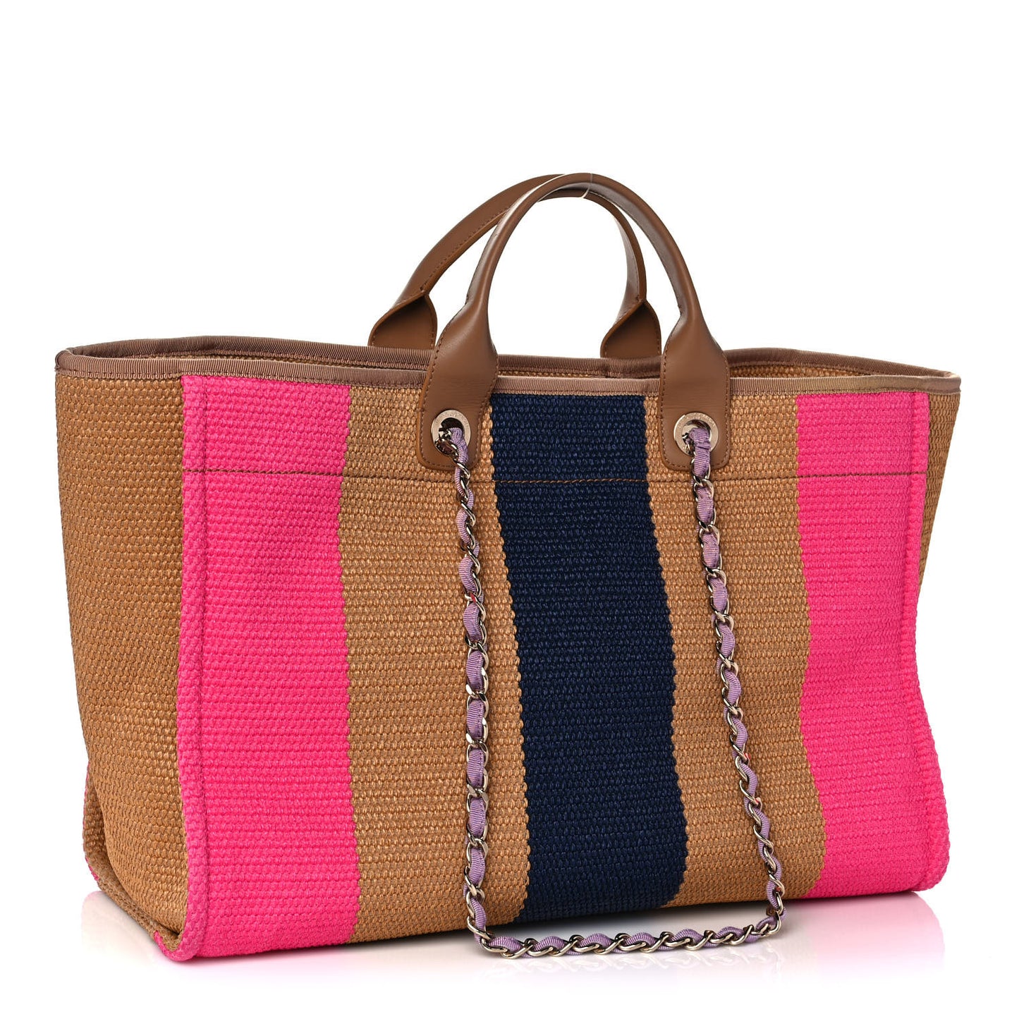 Straw Raffia Calfskin Striped Large Deauville Tote Dark Beige Fuchsia Navy Blue