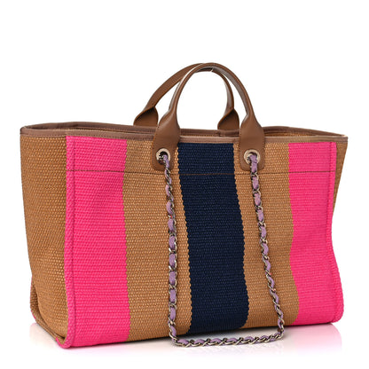 Chanel Straw Raffia Calfskin Striped Large Deauville Tote Dark Beige Fuchsia Navy Blue 2 of 10