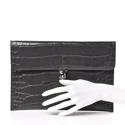 Alexander McQueen Calfskin Crocodile Embossed Skull Envelope Clutch 2 of 6
