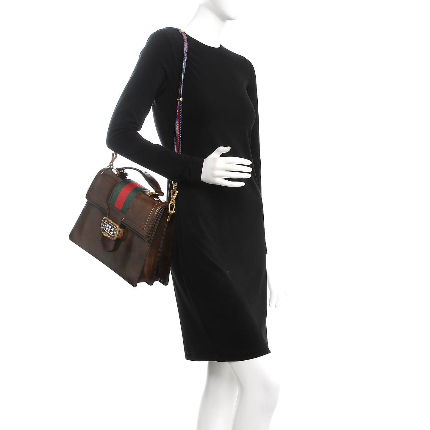 Shiny Calfskin Web Crystal Medium Top Handle Bag Brown