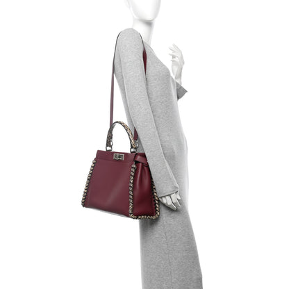 Fendi Calfskin Elaphe Lace Up Medium Peekaboo Iconic Satchel Bordeaux Beige Verde 2 of 11