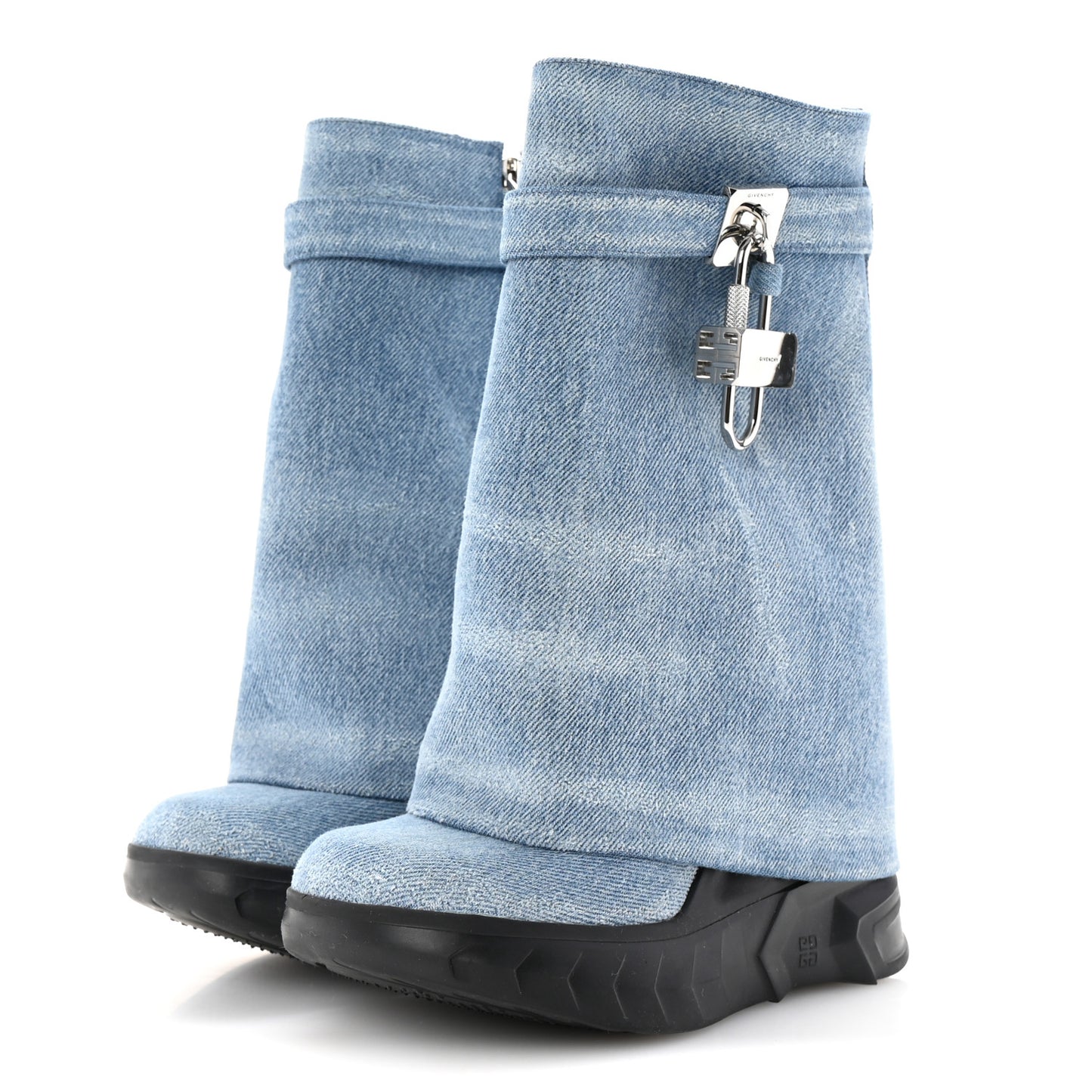 Washed Denim Shark Lock Biker Ankle Boots 35 Blue