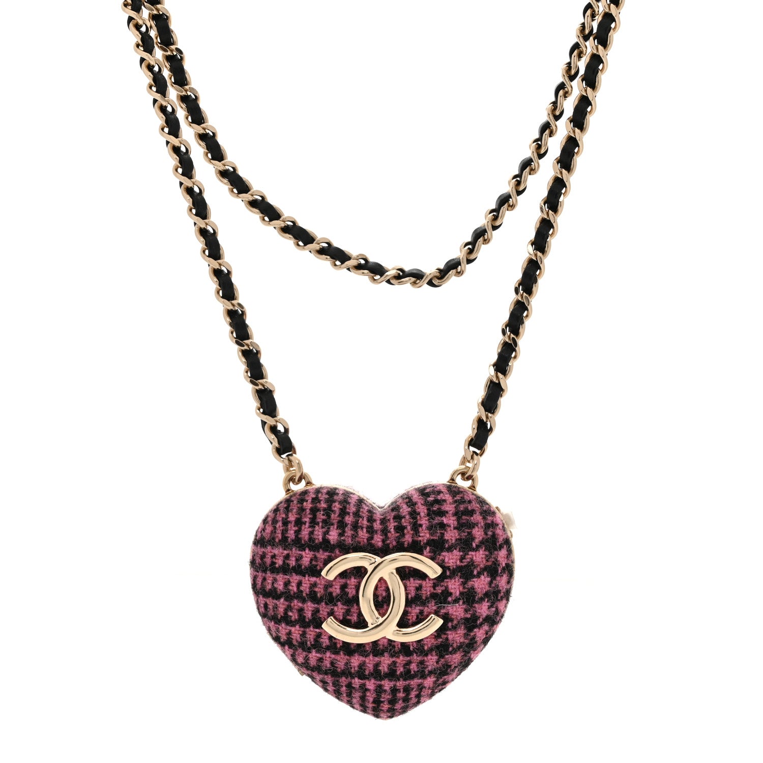 Chanel Tweed Lambskin CC Heart Locket Necklace Gold Black Pink 1 of 6