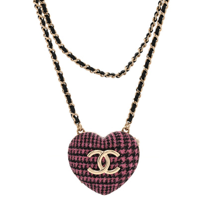 Chanel Tweed Lambskin CC Heart Locket Necklace Gold Black Pink 1 of 6