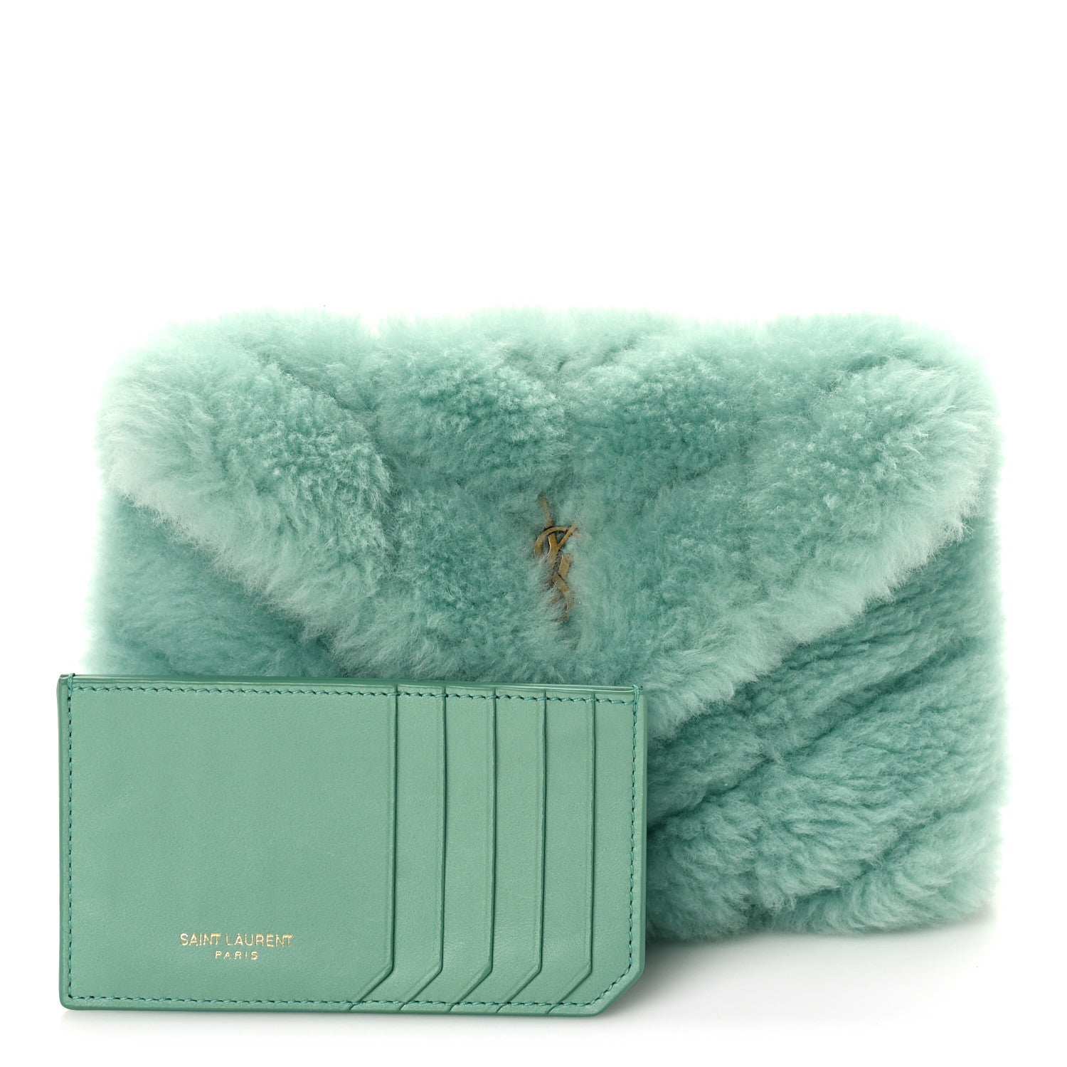 Saint Laurent Shearling Quilted Monogram Loulou Puffer Pouch Clutch Iced Mint 1 of 10