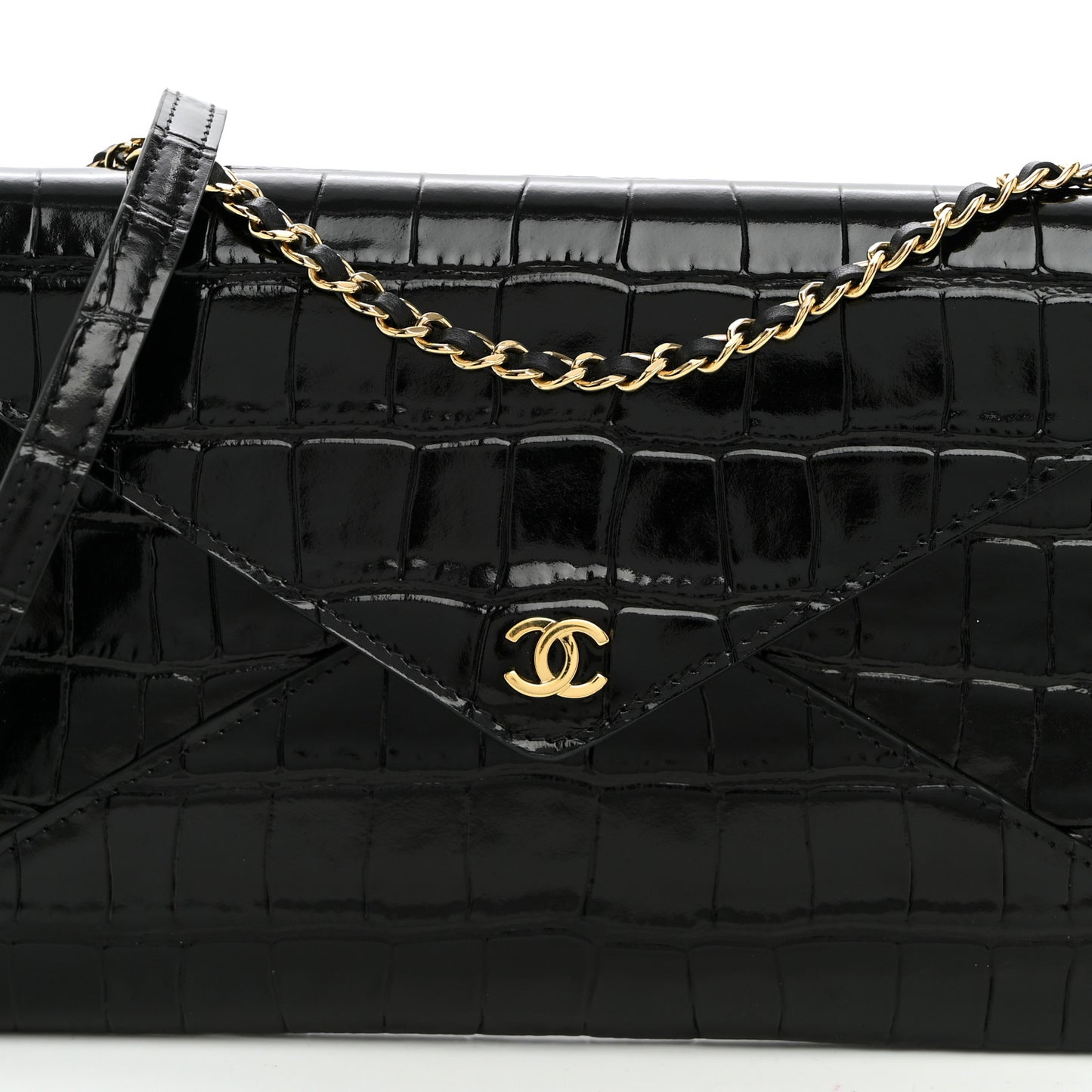 Calfskin Crocodile Embossed Envelope Clutch With Strap Black