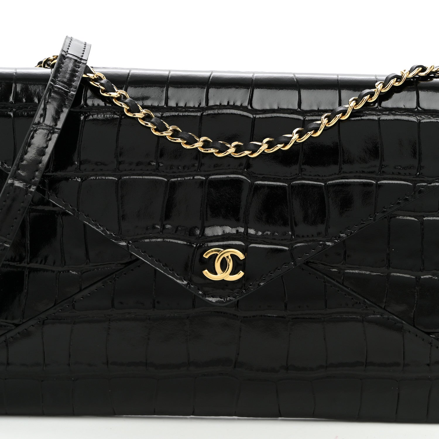 Chanel Calfskin Crocodile Embossed Envelope Clutch With Strap Black 7 of 9