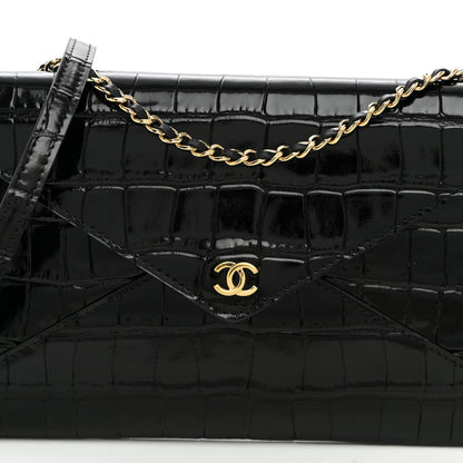Chanel Calfskin Crocodile Embossed Envelope Clutch With Strap Black 7 of 9