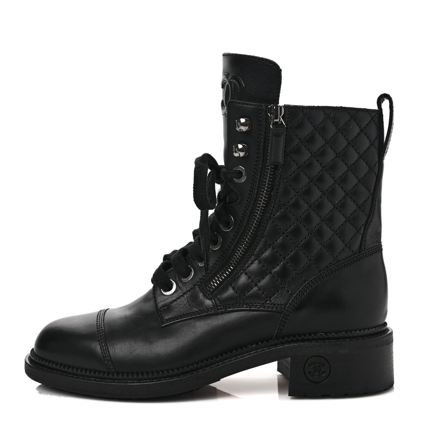 Calfskin Quilted Lace Up Combat Boots 38.5 Black