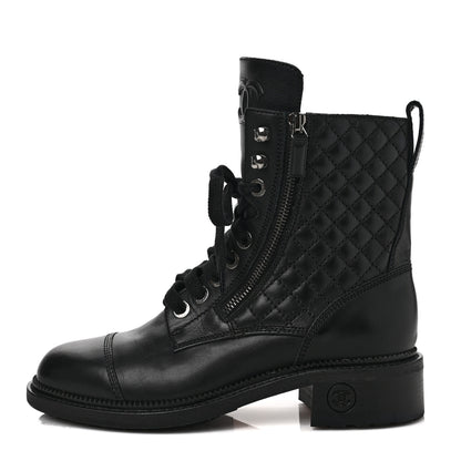 Chanel Calfskin Quilted Lace Up Combat Boots 38.5 Black 1 of 9