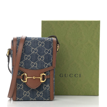 Gucci New Denim GG Monogram Dollar Calfskin Mini Horsebit 1955 Crossbody Bag Blue Tea Cuir Epilog 12 of 12