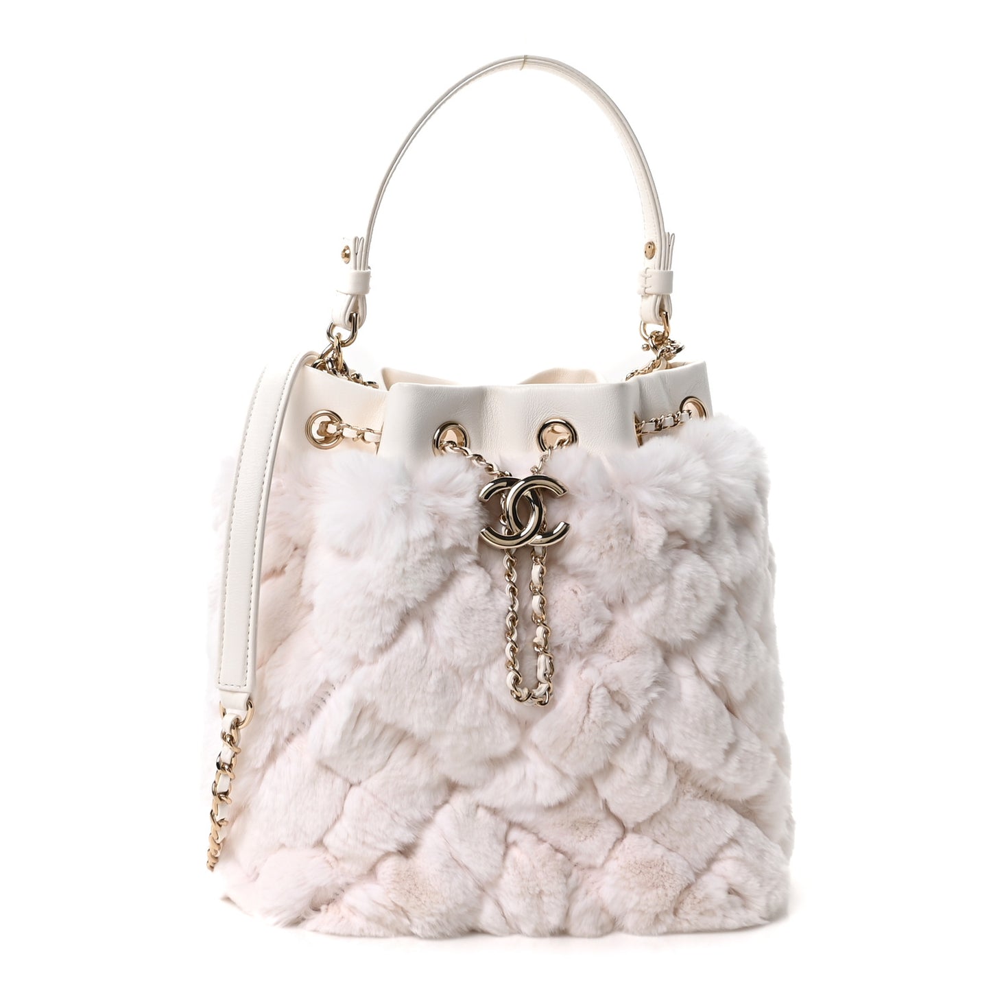 Calfskin Fur Quilted Chain Drawstring Bucket Bag White