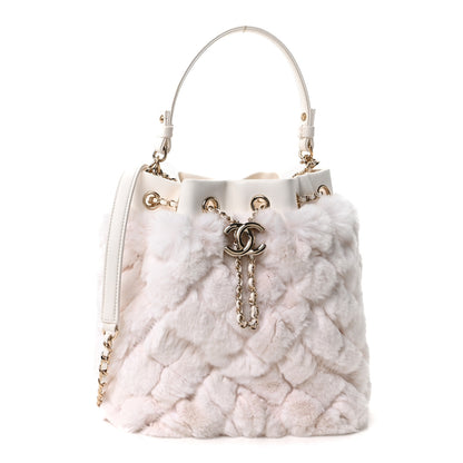 Chanel Calfskin Fur Quilted Chain Drawstring Bucket Bag White 1 of 10