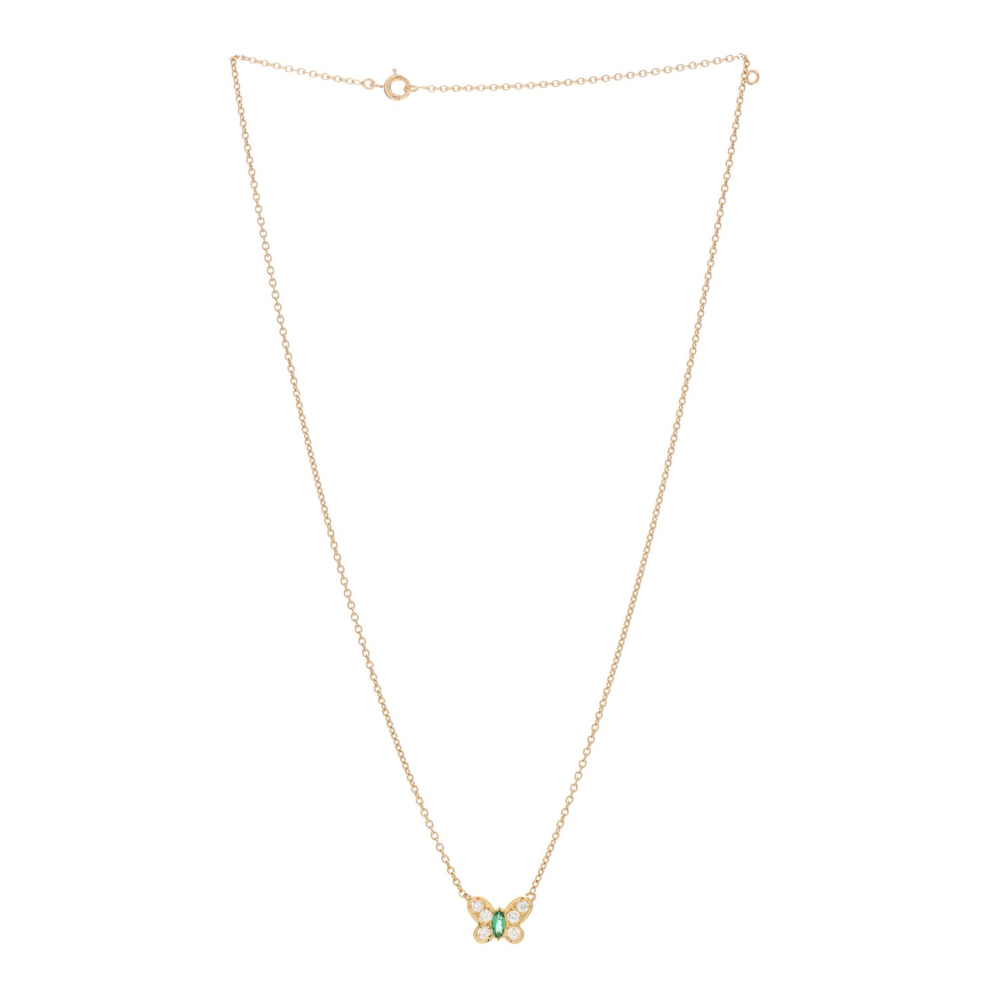 18K Yellow Gold Diamond Emerald Butterfly Pendant Necklace