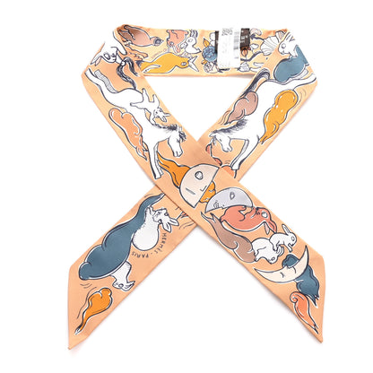 Hermes Silk Mille Et Un Lapins Twilly Beige Dore Abricot White 1 of 3