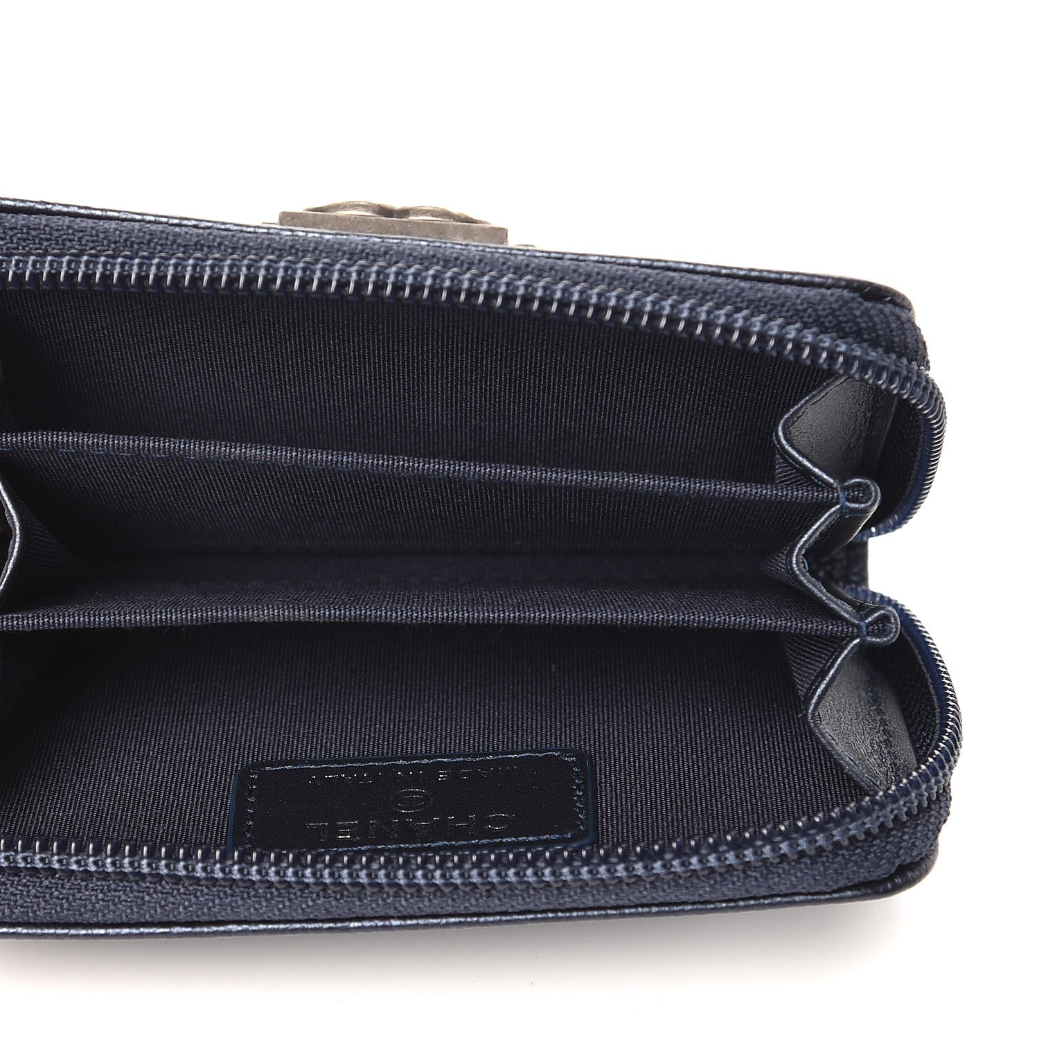 Chanel Metallic Caviar Quilted Boy Zip Around Coin Purse Wallet Navy 5 of 8