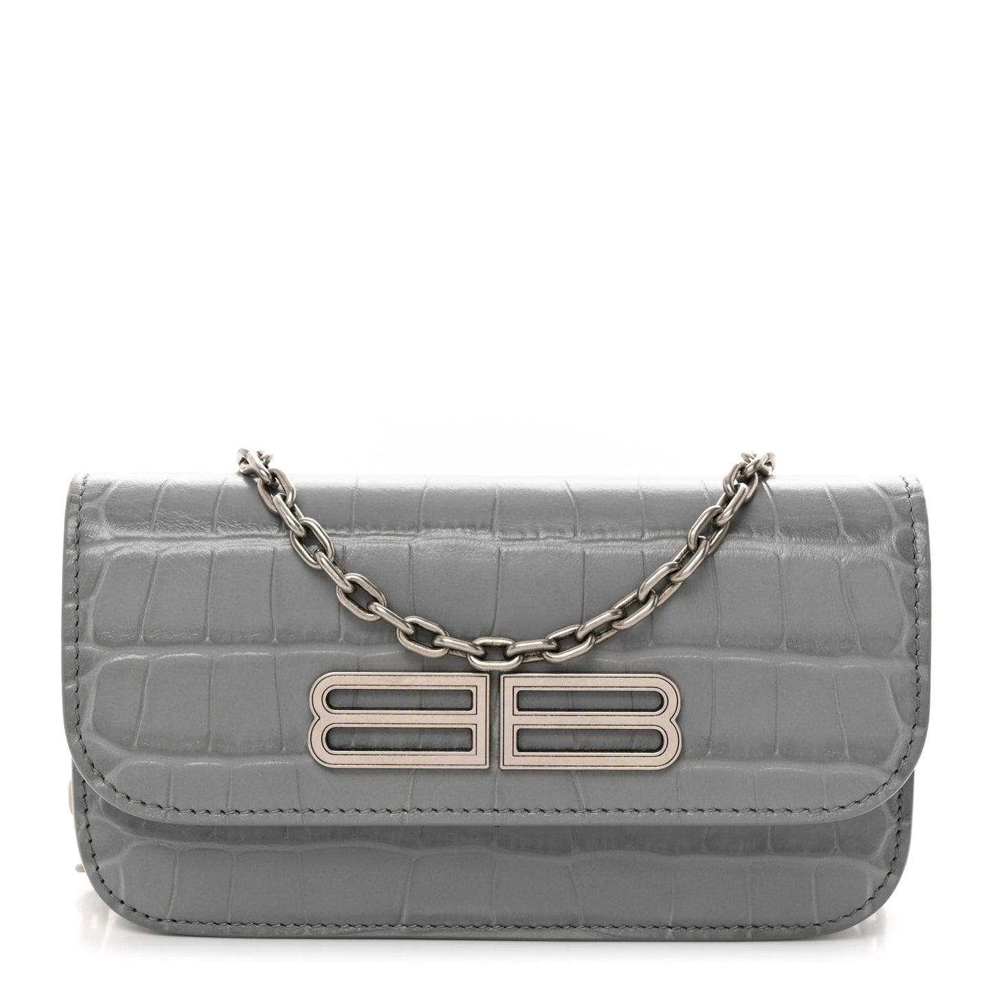 Extra Supple Calfskin Crocodile Embossed Gossip Chain Bag XS Grey