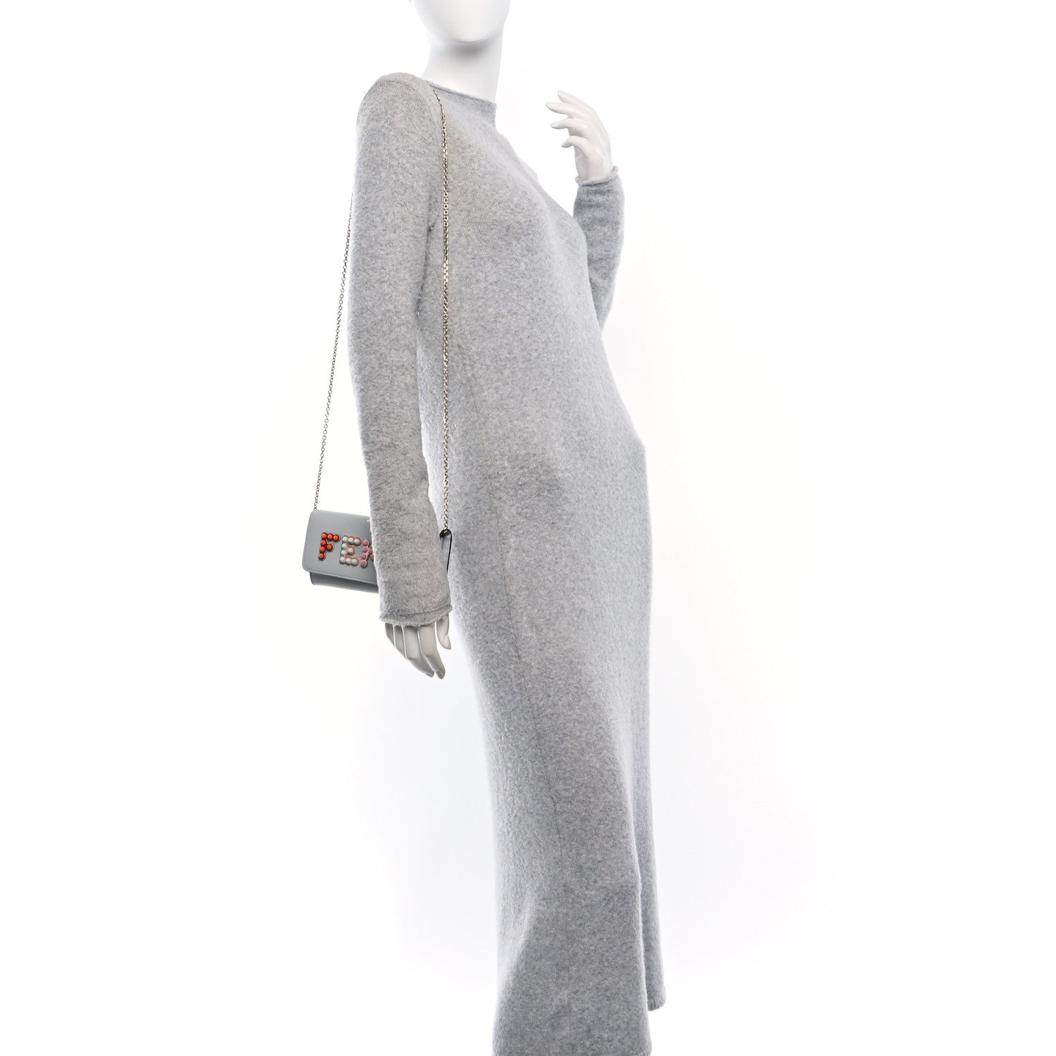 Fendi Vitello Liberty Fun Fair Studded Continental Wallet On Chain Grigio Perla Multicolor 3 of 12