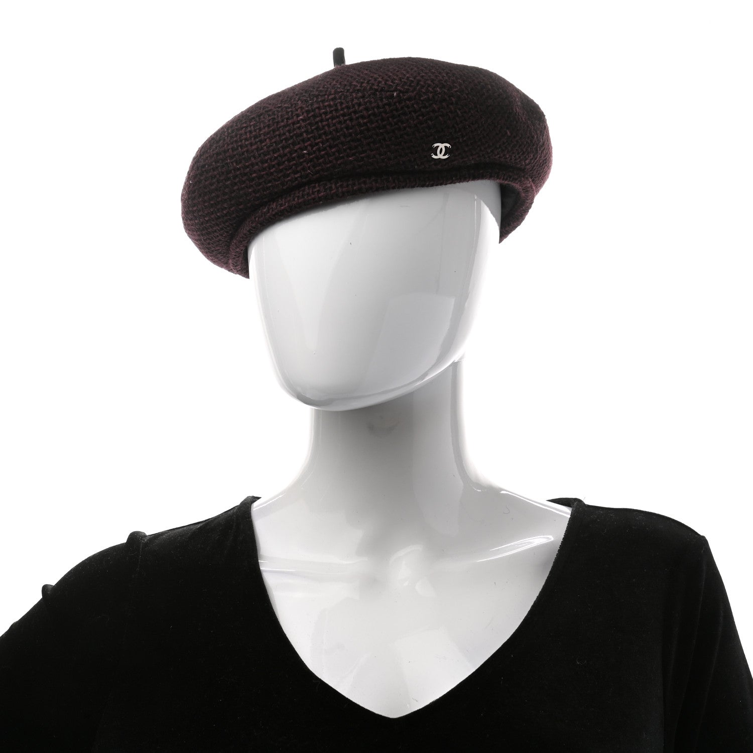 Chanel Wool Fabric CC Beret M Burgundy Black 2 of 8