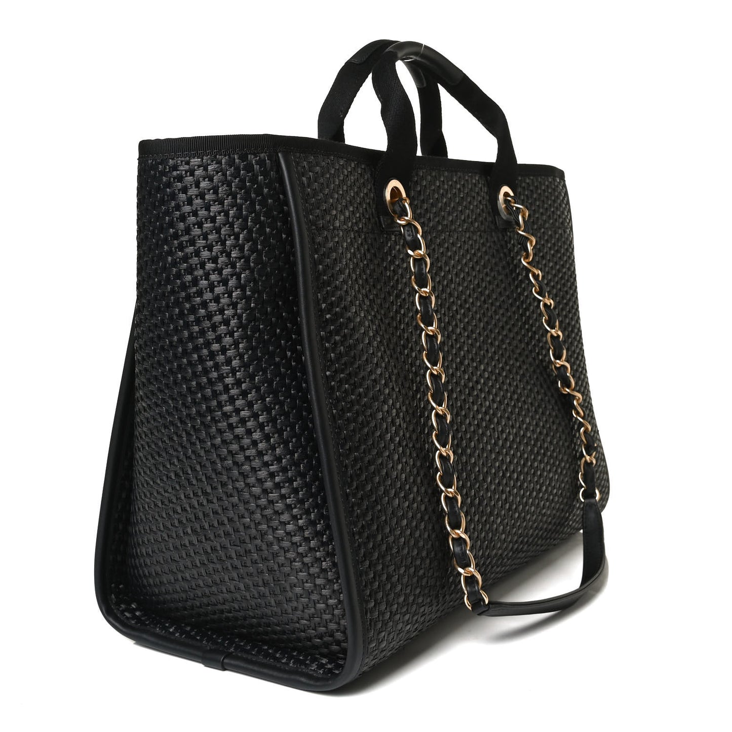Straw Raffia Calfskin Chain Medium Deauville Tote Black