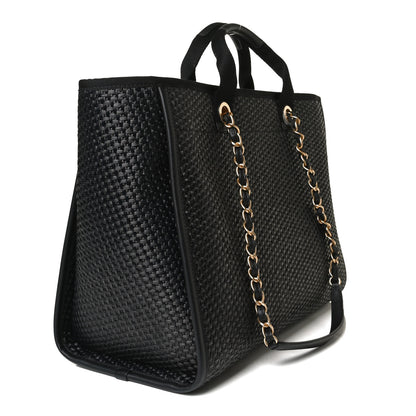Chanel Straw Raffia Calfskin Chain Medium Deauville Tote Black 3 of 15