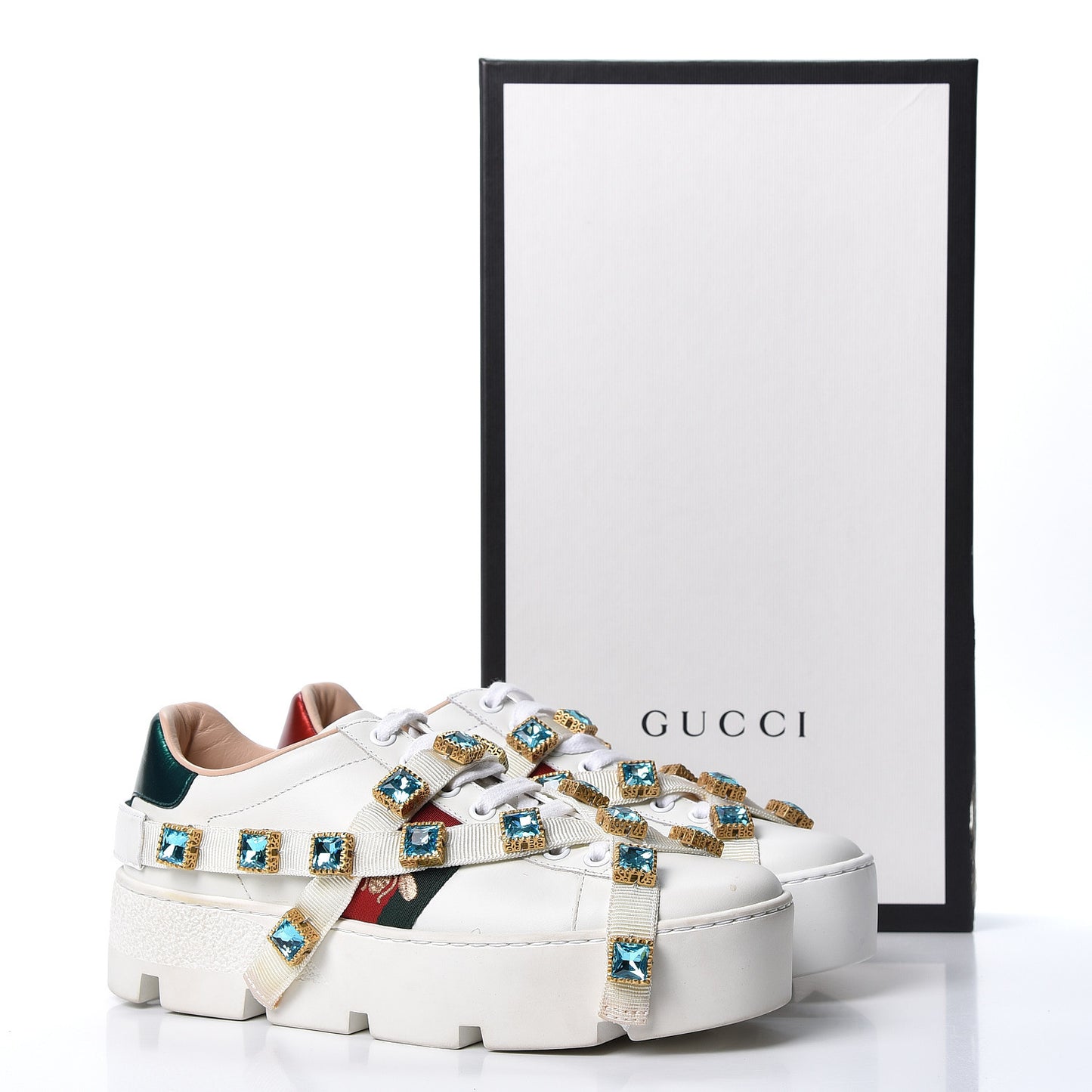 Calfskin Removable Crystals Bee Embroidered Ace Platform Sneakers 37 White