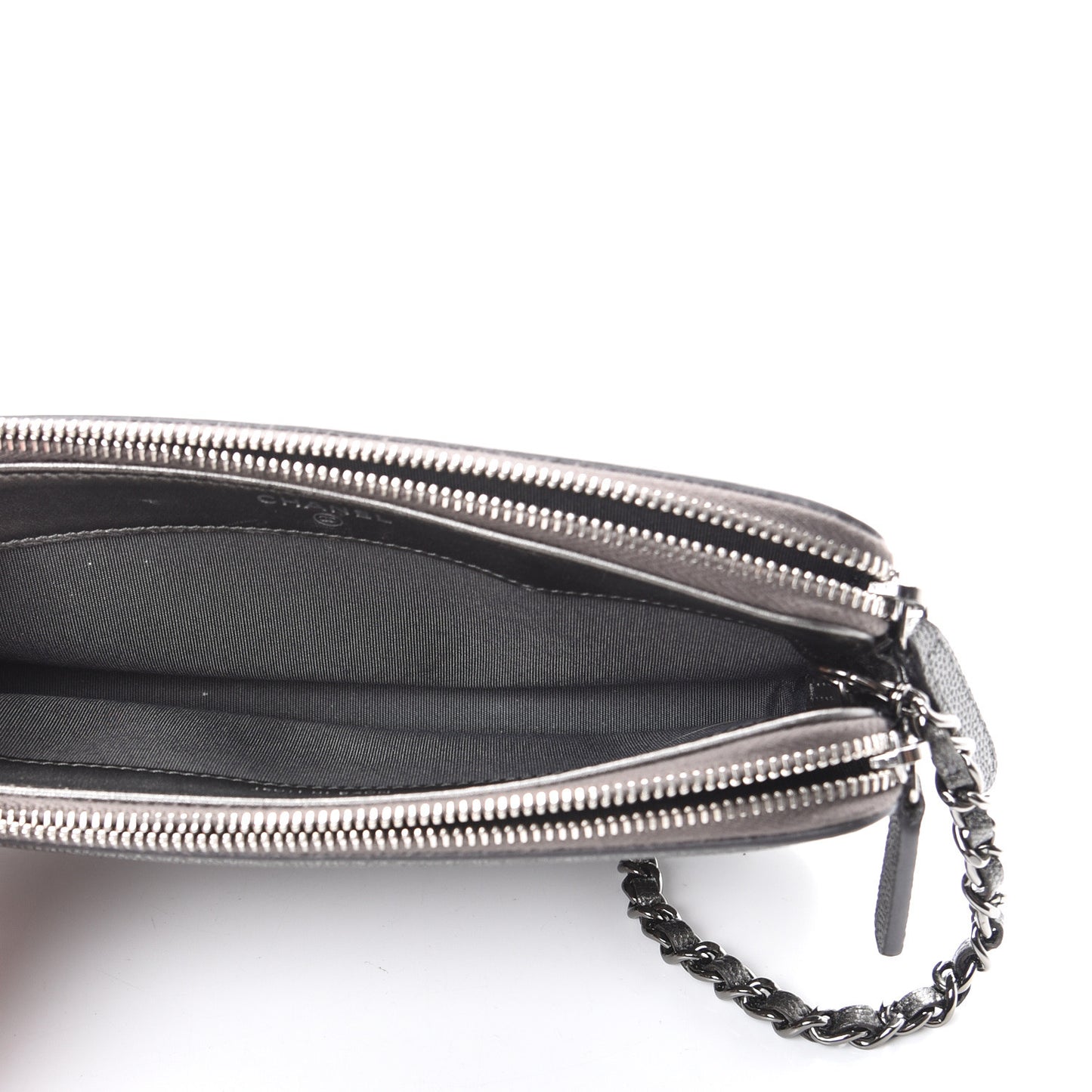 Metallic Caviar Quilted CC Filigree Clutch With Chain Dark Silver