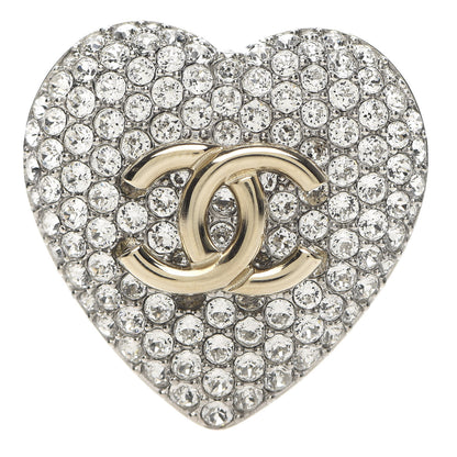 Chanel Crystal CC Heart Brooch Silver Gold 1 of 4