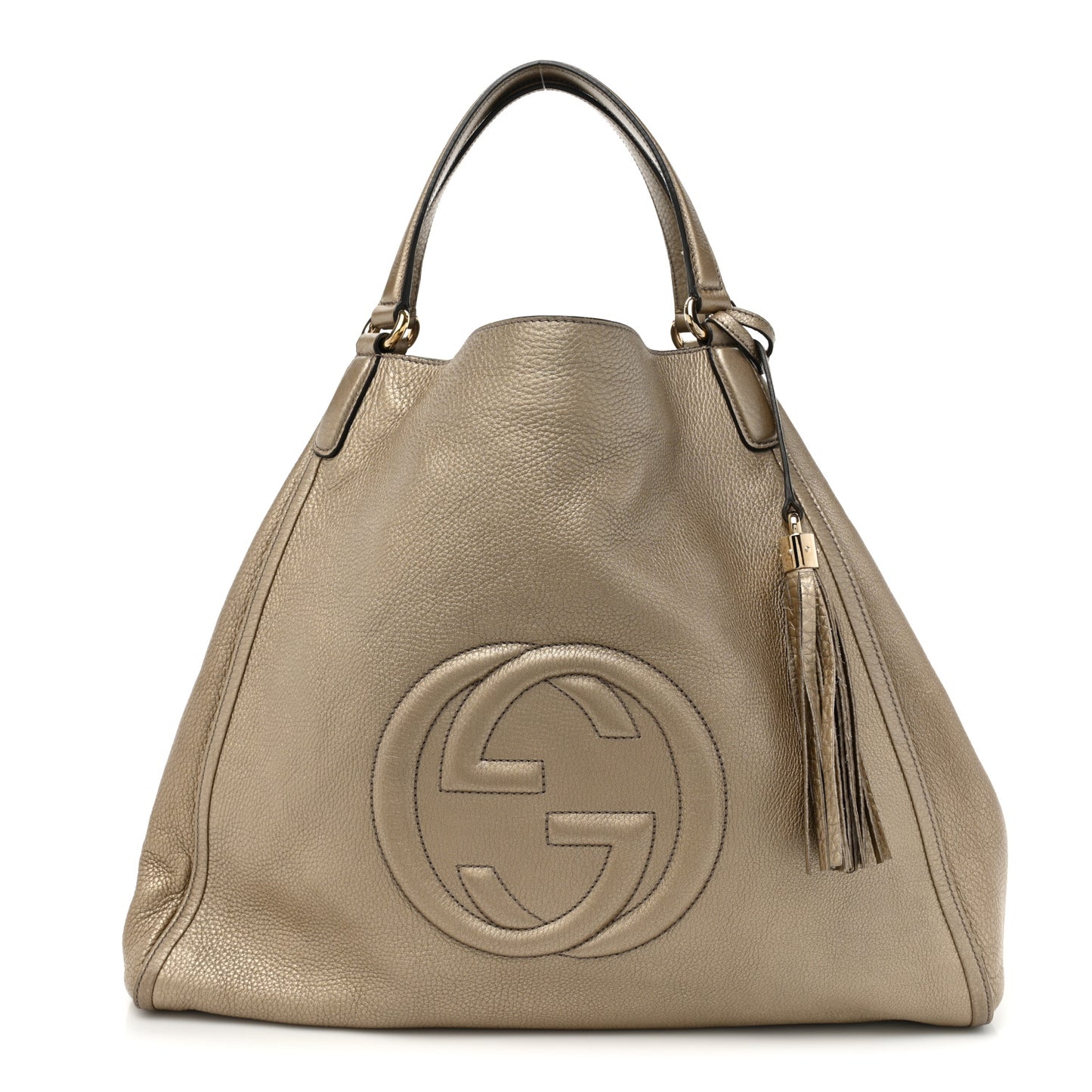 Metallic Pebbled Calfskin Large Soho Shoulder Bag Golden Beige