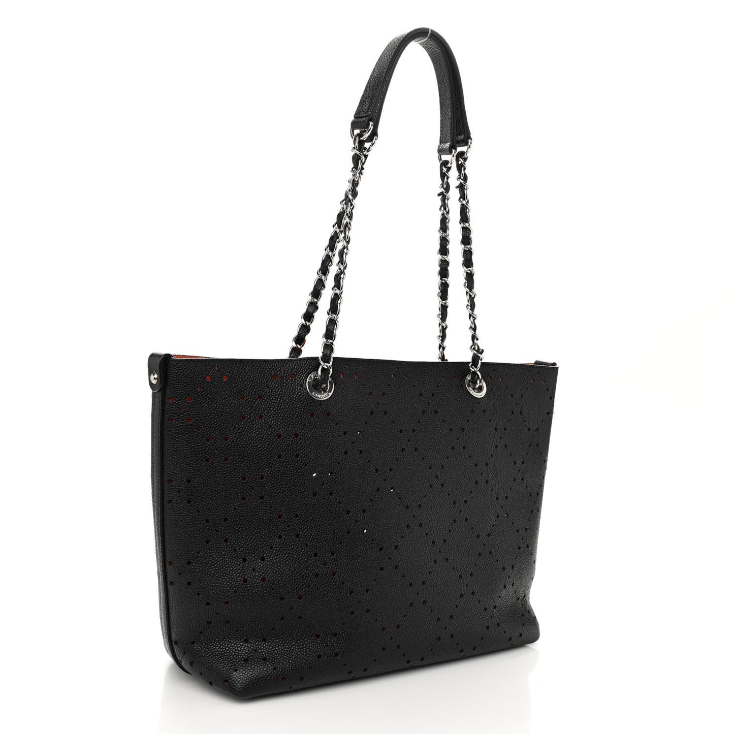 Perforated Grained Calfskin Large Shopping Tote Black