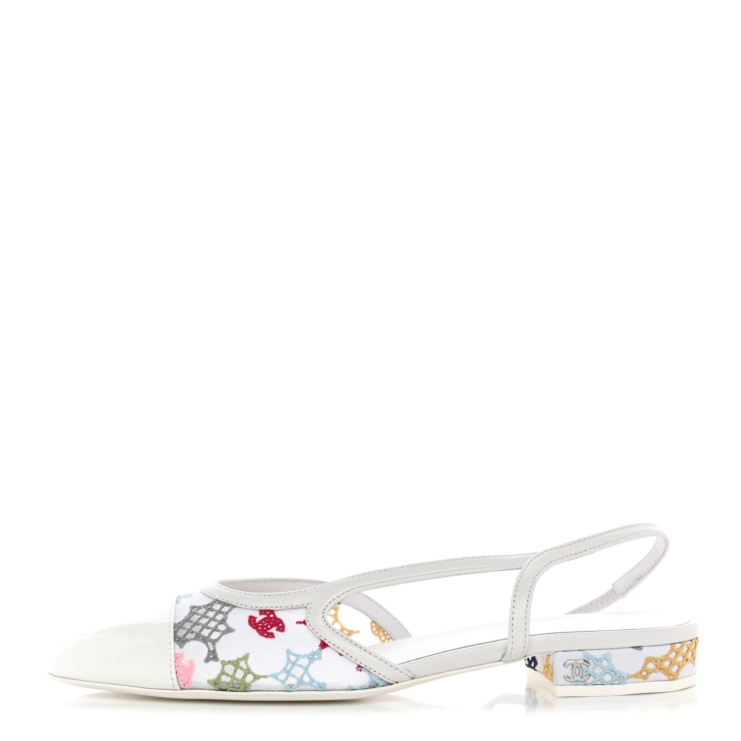 Cotton Guipure Patent Embroidered Floral Cap Toe CC Slingback Flats 37.5 White Multicolor