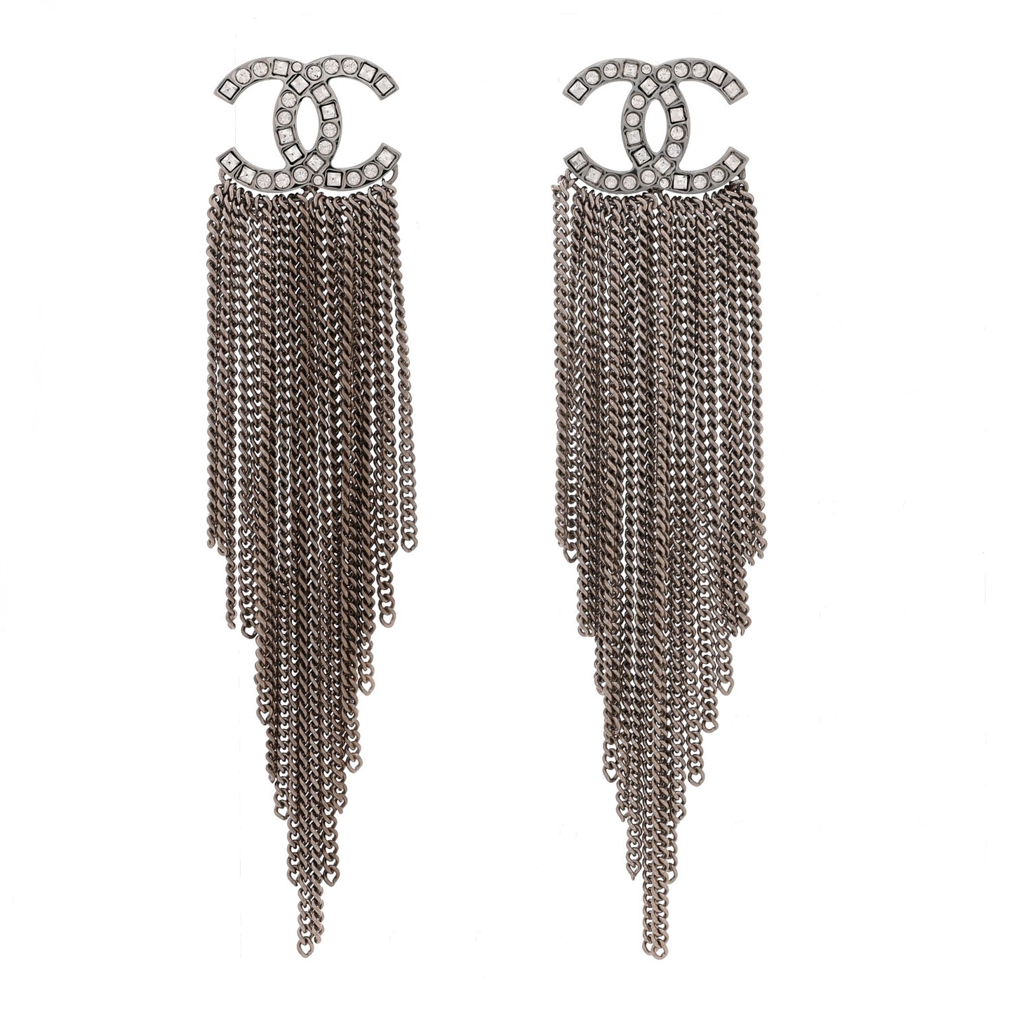 Baguette Crystal CC Chain Drop Earrings Silver