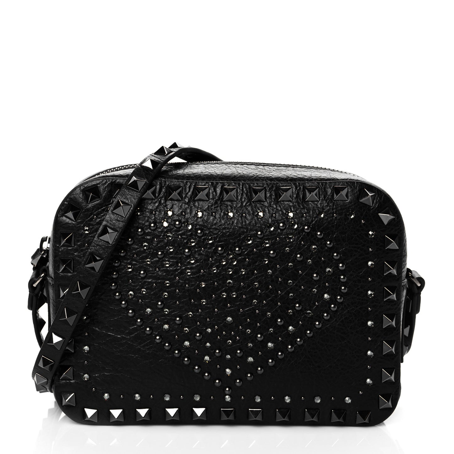 Craquele Nappa Rockstud Crystal Punk Heart Camera Crossbody Bag Black